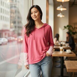 J.Jill Womens XL 100% Cotton Pink Ombré Lightweight Beachy Hoodie Sweatshirt